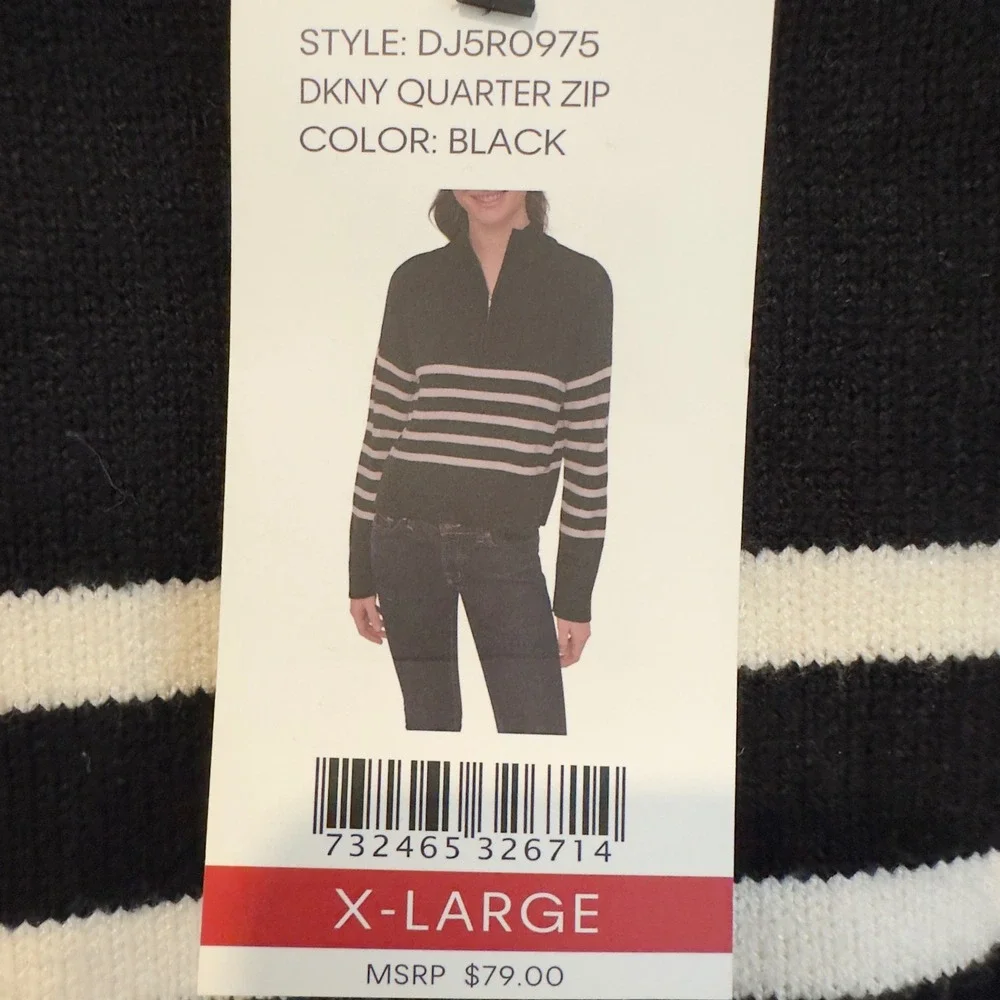 DKNY Womens Quarter Zip Striped Sweater Black White Mock Neck DJ5RO975 XL
